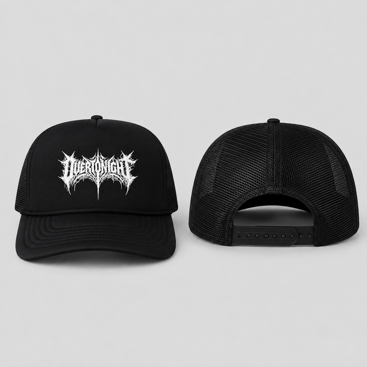 Two views of a black trucker hat on a light gray background. The front view shows a white metal-style logo reading 'overtonight', and the back view shows the black mesh back and adjustable snap closure.