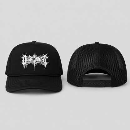 Two views of a black trucker hat on a light gray background. The front view shows a white metal-style logo reading 'overtonight', and the back view shows the black mesh back and adjustable snap closure.
