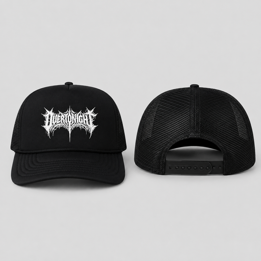 Two views of a black trucker hat on a light gray background. The front view shows a white metal-style logo reading 'overtonight', and the back view shows the black mesh back and adjustable snap closure.