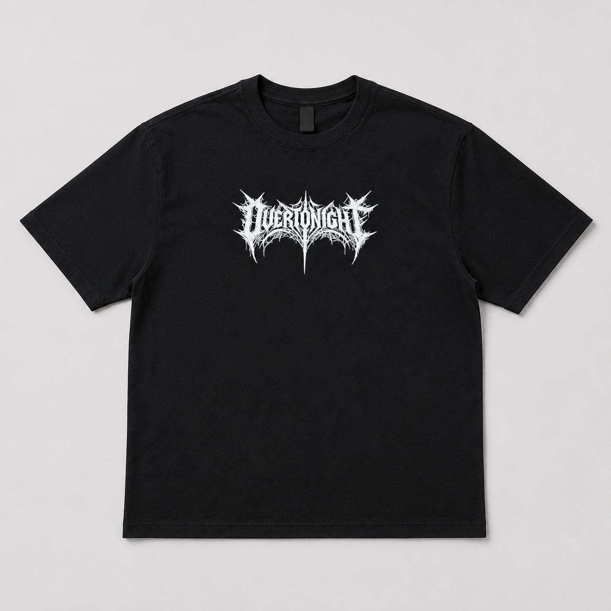 A black short-sleeve crewneck t-shirt featuring a stylized white metal logo on the chest that reads 'OVERTONIGHT'. The shirt is presented flat against a neutral light gray background.