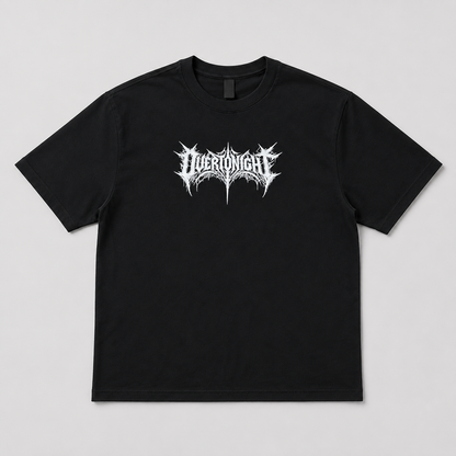 A black short-sleeve crewneck t-shirt featuring a stylized white metal logo on the chest that reads 'OVERTONIGHT'. The shirt is presented flat against a neutral light gray background.