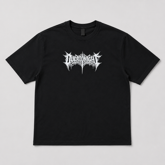 A black short-sleeve crewneck t-shirt featuring a stylized white metal logo on the chest that reads 'OVERTONIGHT'. The shirt is presented flat against a neutral light gray background.