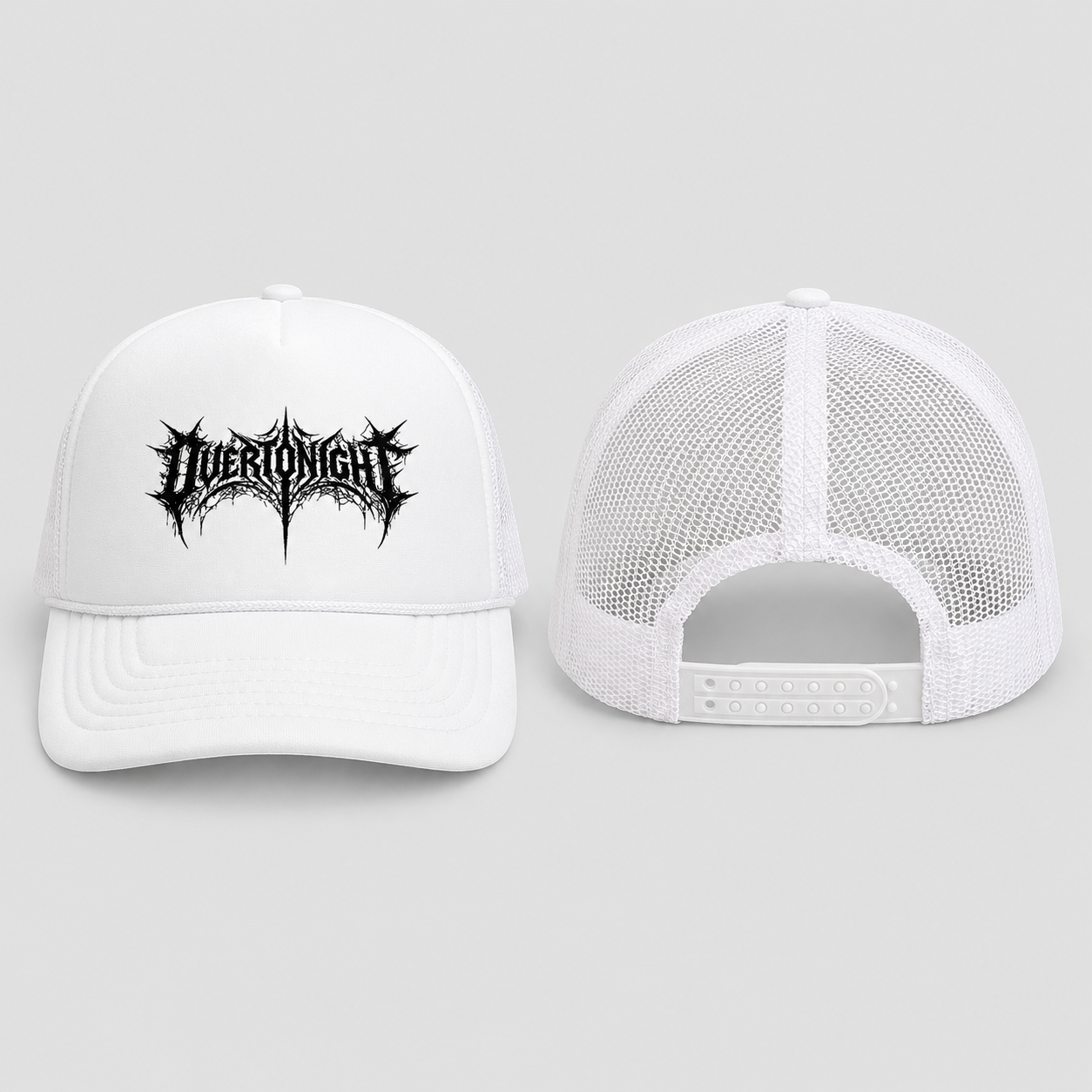 A white trucker hat shown from the front and back on a light gray background. The front features a black spiky metal-style logo that reads 'Overtonight'.