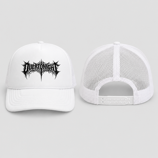 A white trucker hat shown from the front and back on a light gray background. The front features a black spiky metal-style logo that reads 'Overtonight'.