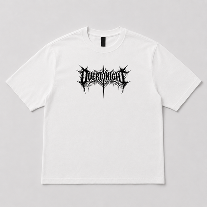 A white short-sleeve crewneck t-shirt featuring a black spiky metal-style graphic logo on the chest that reads 'OVERTONIGHT'. The shirt is displayed flat against a neutral light gray background.