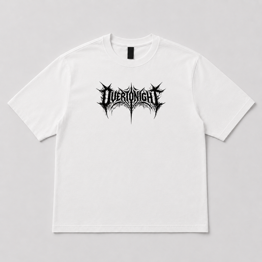 A white short-sleeve crewneck t-shirt featuring a black spiky metal-style graphic logo on the chest that reads 'OVERTONIGHT'. The shirt is displayed flat against a neutral light gray background.